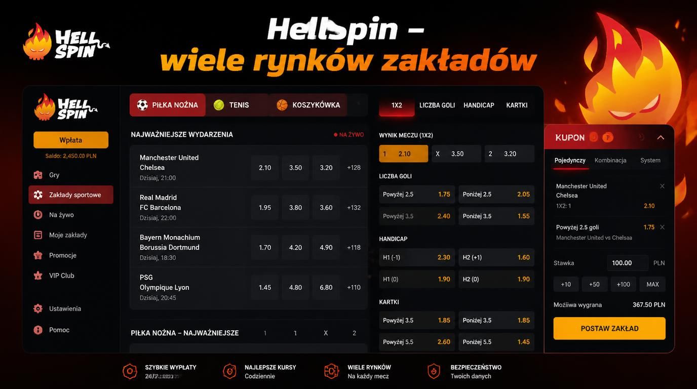 ekran zakładów sportowych z różnymi rynkami w HellSpin
