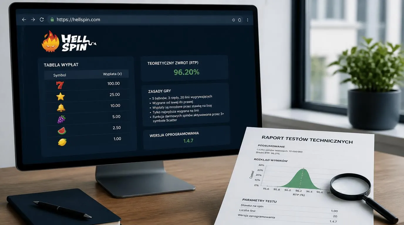 Panel informacji o grze kasynowej z parametrem RTP, zasadami i dokumentem testów RNG na ekranie komputera