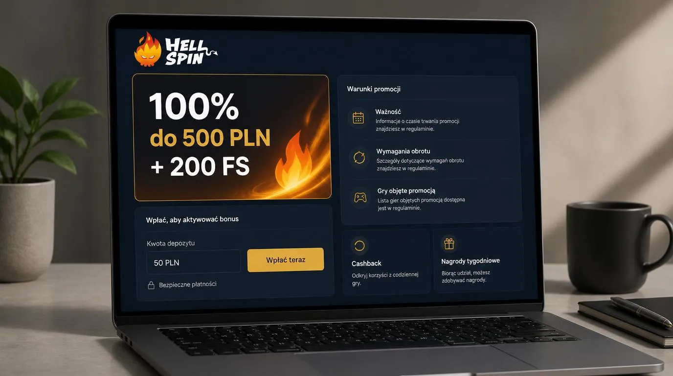 Panel oferty powitalnej z bonusem 100% do 500 PLN, 200 darmowymi spinami i depozytem od 50 PLN
