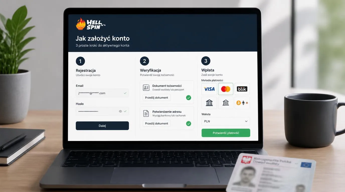 Panel konta kasynowego z potwierdzoną tożsamością, adresem i wyborem metody wpłaty